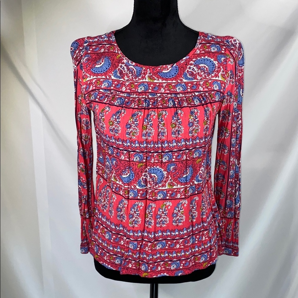 LOFT Petite Paisley Floral Boho Blouse Red Blue XSP